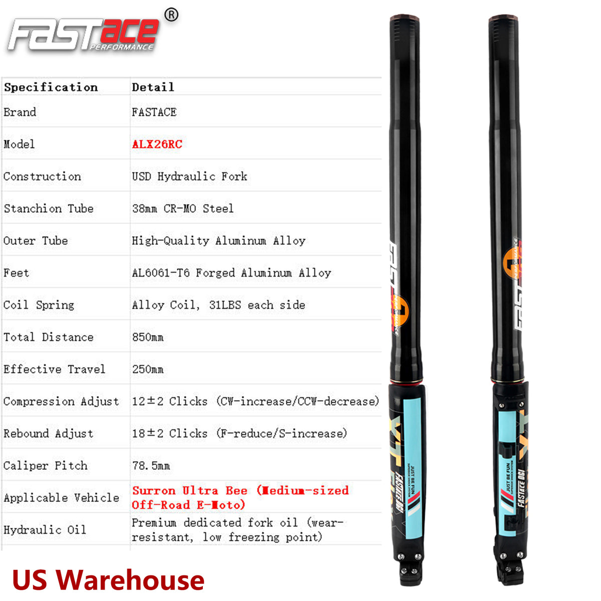 FASTACE ALX26RC Original Factory Front Fork Suspension For Sur-Ron Ultra Bee Off-Road 2023-2025 850L 250mm Travel US Warehouse