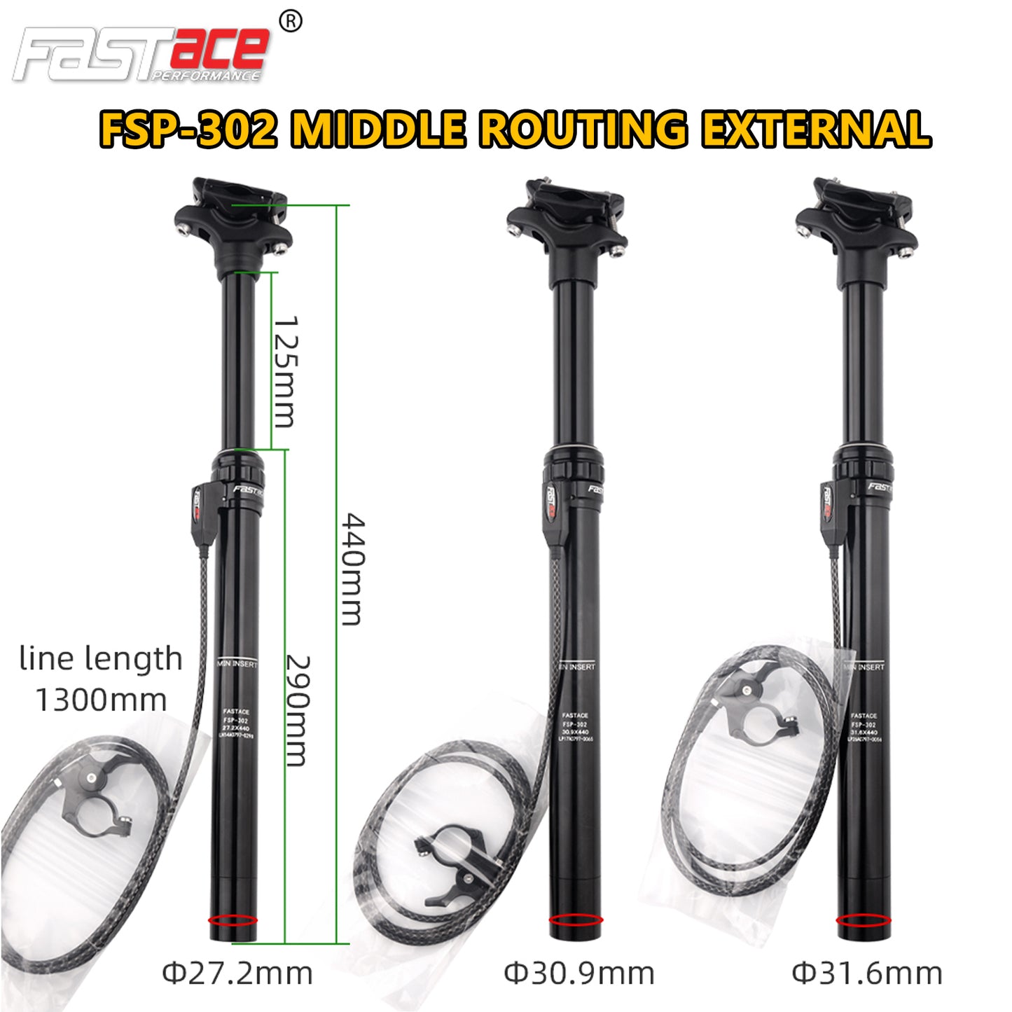 FASTACE Dropper Seatpost MTB 125mm Travel 27.2/30.9/31.6mm Internal External Cable Routing Remote