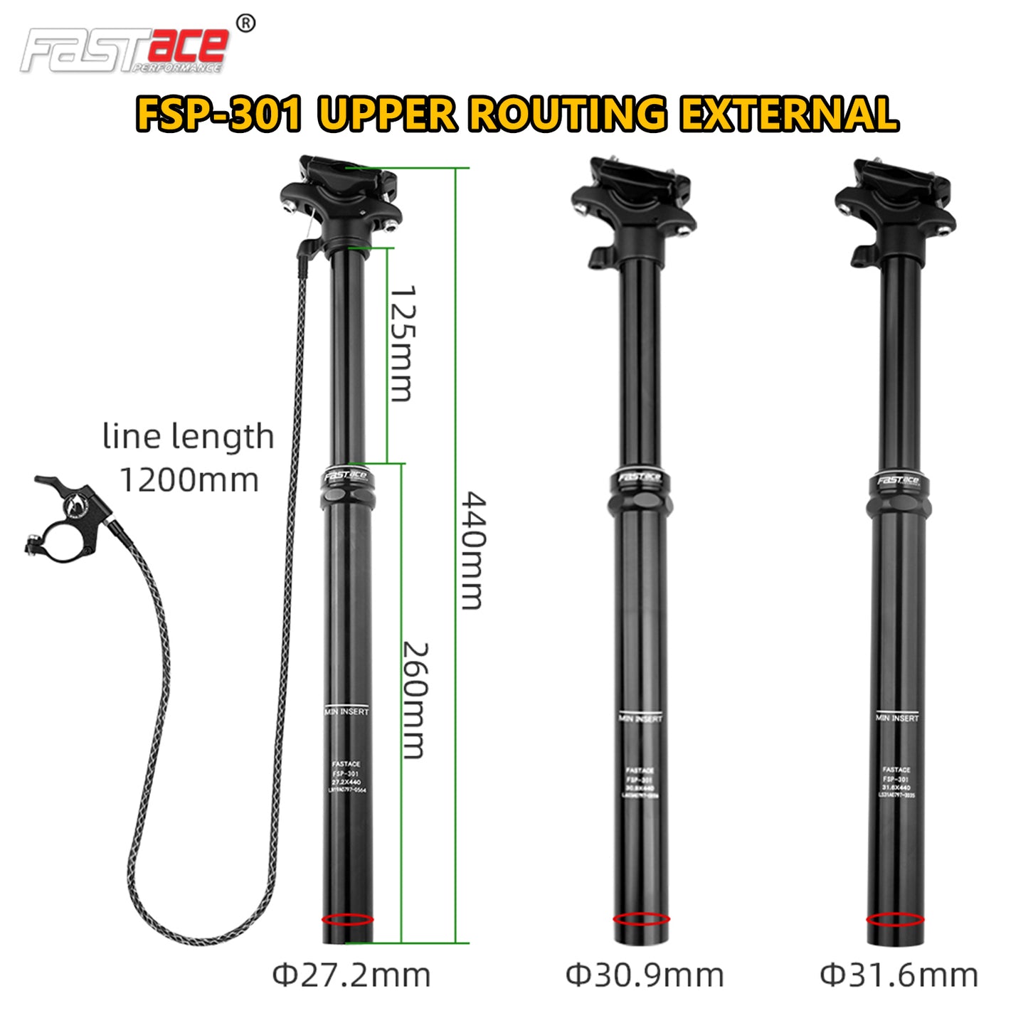 FASTACE Dropper Seatpost MTB 125mm Travel 27.2/30.9/31.6mm Internal External Cable Routing Remote