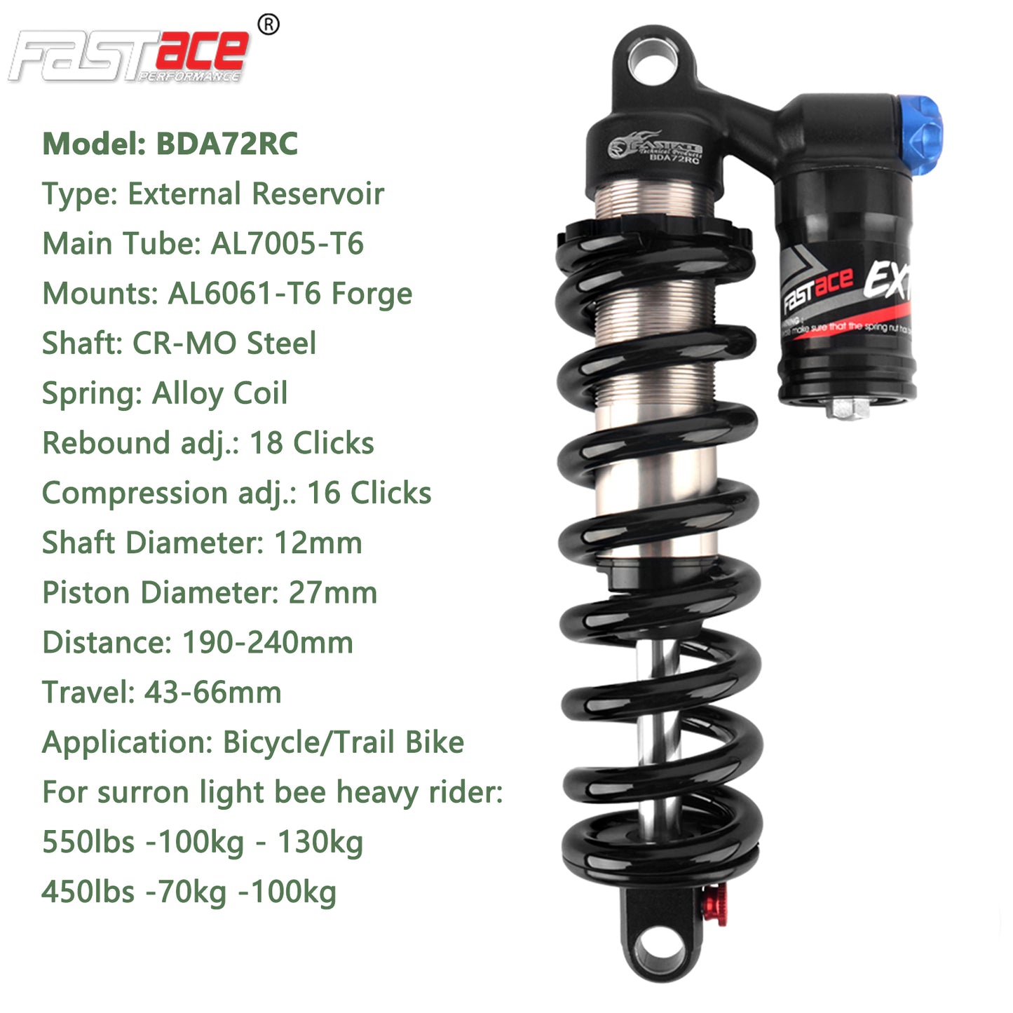 FASTACE BDA72RC Original Factory Downhill Rear Shock Absorber Suspension 450LBS 550LBS For Surron Talaria Sting eBike MTB