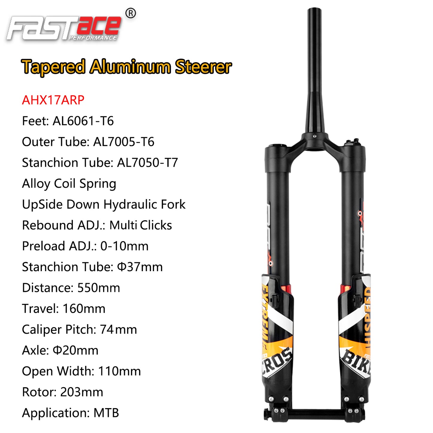 FASTACE AHX17ARP Original Factory Front Fork Suspension Tapered Aluminum Steerer Dual Disc Brake 74mm PM for MTB Snow Bike