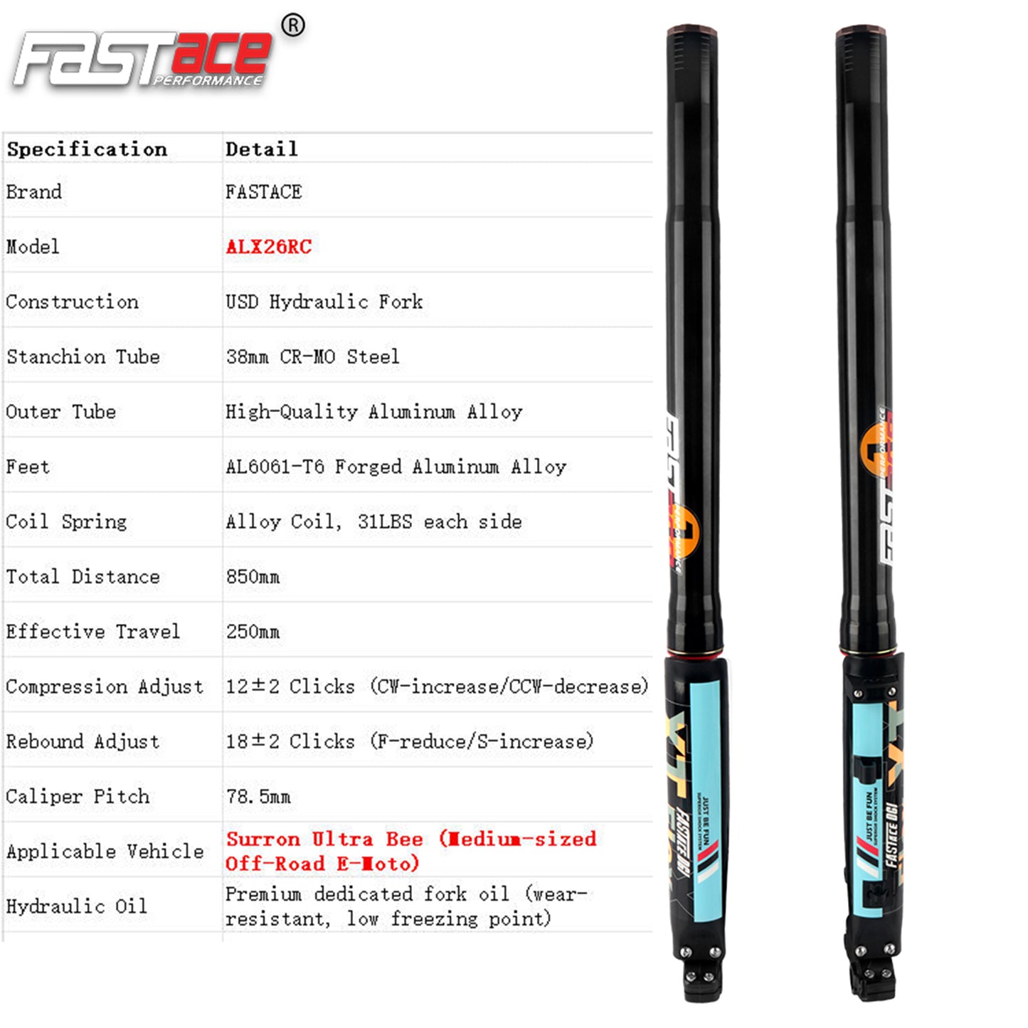 FASTACE ALX26RC Original Factory Front Fork Suspension For Sur-Ron Ultra Bee Off-Road 2023-2025 850L 250mm Travel