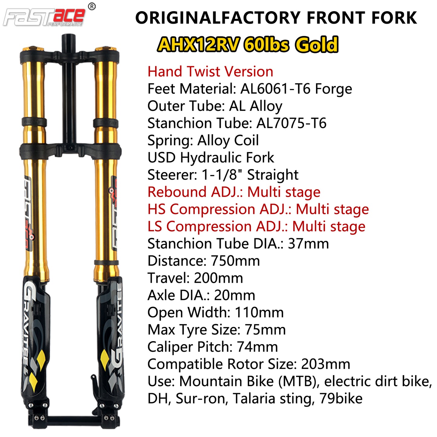 FASTACE AHX12RV Original Factory Front Fork Suspension 60LBS For Sur-Ron Light Bee X 79 Bike Falcon M / Falcon PRO  E Ride Pro SS 1.0/2.0 US Warehouse