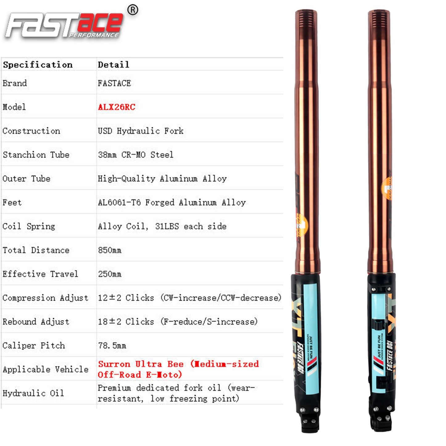 FASTACE ALX26RC Original Factory Front Fork Suspension For Sur-Ron Ultra Bee Off-Road 2023-2025 850L 250mm Travel